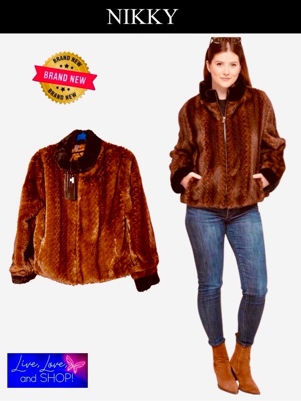JACKET: Brown & Black 3/4 Length Faux Fur, NWT